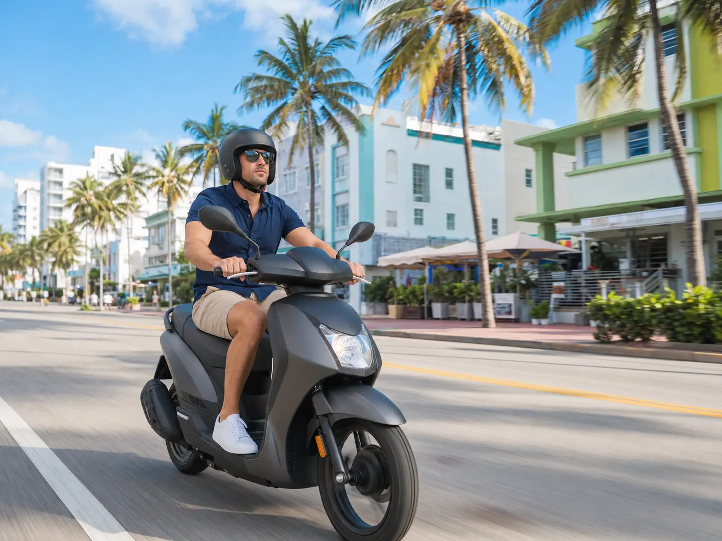 Helmeted scooter rider traveling safely through Miami
