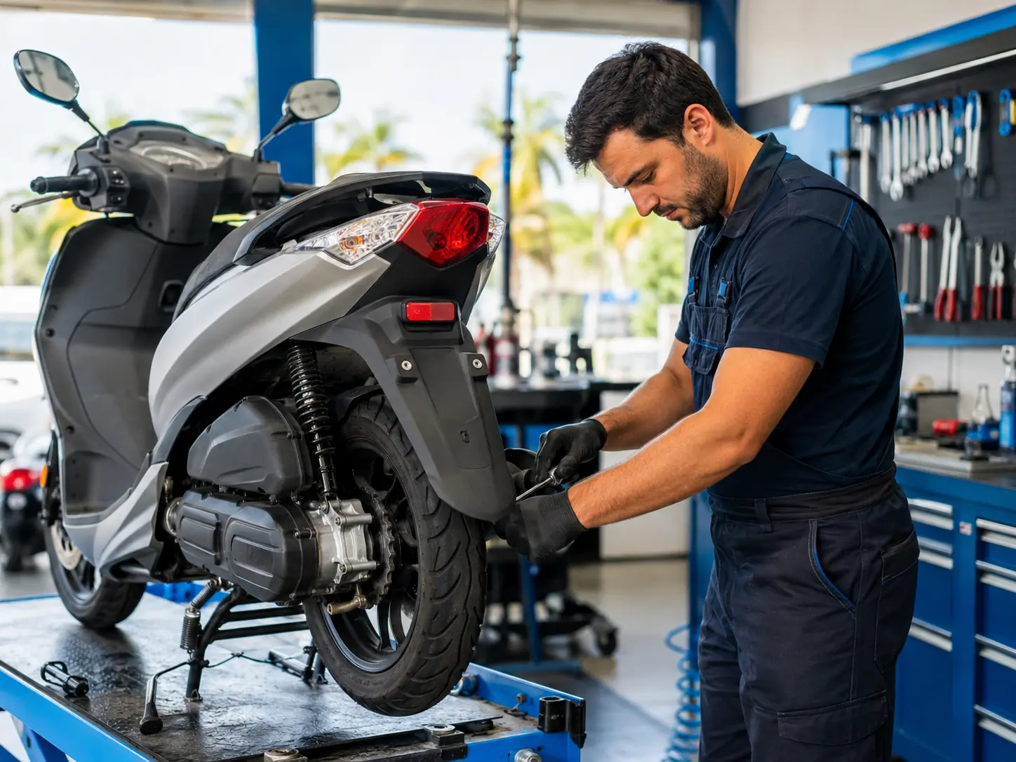 Professional mechanic servicing a scooter in a clean workshop
